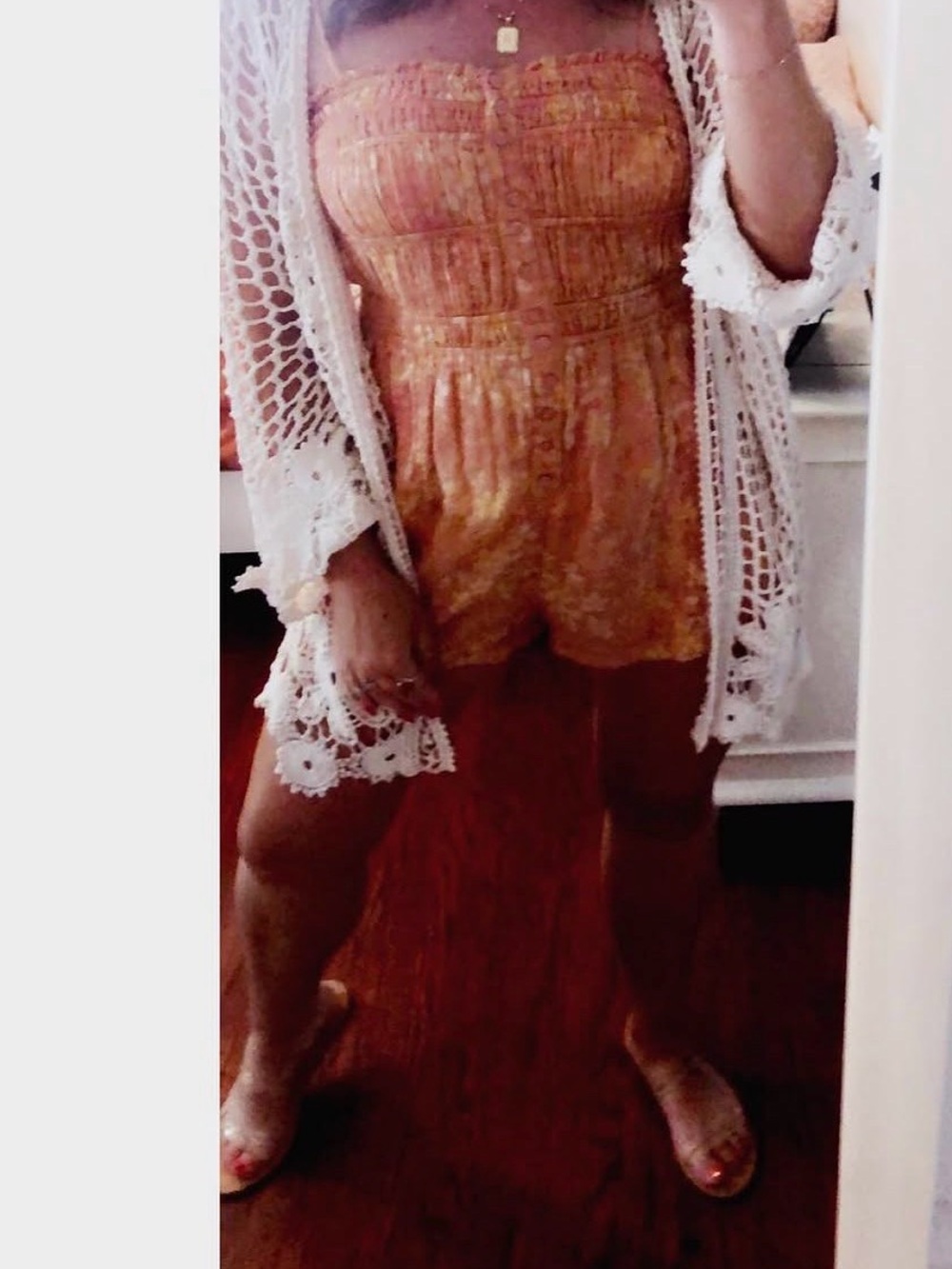 Free People Orange Floral Romper with Button Front